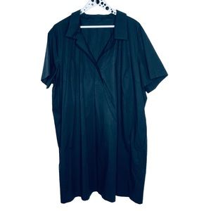 Plus Size classic black collared button front shirt dress pockets short sleeve